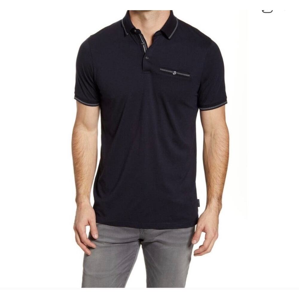 Ted Baker Men’s Tortilla Slim Tipped Pocket Polo Shirt Navy Size 5 (XL)